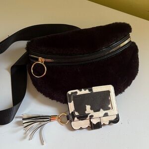 Crossi Faux Fur Crossbody Belt BagFanny Pack plus Leather Cow Print Card Holder